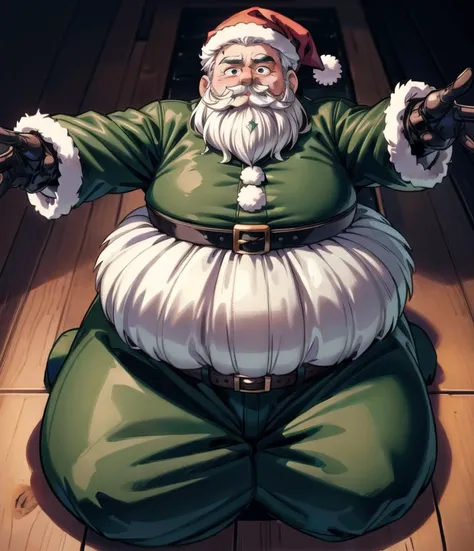 Santa Claus,1boy,facial hair,beard,hat,gloves,mustache,white hair,black gloves,belt,full body,santa hat,green headwear,long sleeves,outstretched arms,green coat, black belt,jacket,sitting,fat,obese,typing,<lora:2more_details:0.6>,