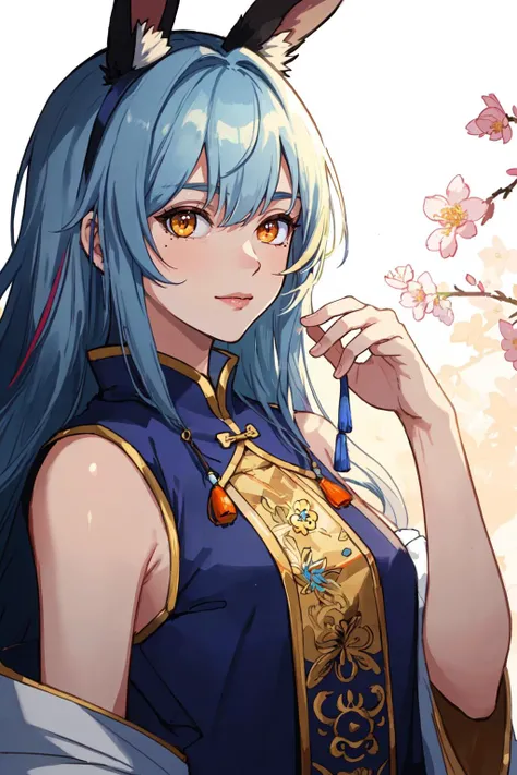 (masterpiece, best quality, ultra-detailed, highres, best illustration), perfect face, ((solo, solo focus)), sidelighting, epic, illustration, render, volumetric lighting, welcoming, see-through gossamer, in Japan, lustrous skin, (bloom), (shine), ray tracing, masterpiece, best quality, 1boy, male focus, solo, blue hair, multicolored hair, rabbit ears, two-tone hair, mole, white hair, chinese clothes, upper body, brown eyes, orange eyes, hand on own chin, looking at viewer, depth_of_field, very detailed background, extreme light and shadow, (detailed eyes), (beautiful), beautiful detailed eyes, perfect lighting , perfect anatomy, (extremely detailed illustrated 8k wallpaper), (masterpiece), (best quality), (ultra-detailed), (best illustration), (best shadow), (fantasy:1.4), vivid colors