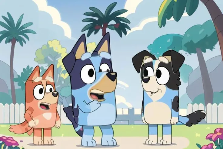 Bluey Style, open mouth, holding, animal ears, standing, tail, full body, flower, male focus, outdoors, food, multiple boys, sky, day, cloud, 1boy, 1girl, looking at another, black eyes, tree, blue sky, crossed arms, grass, holding heart, dog ears, furry, dog, dog tail, bush, furry male, balloon, cat boy, dog boy <lora:Bluey:0.7>
