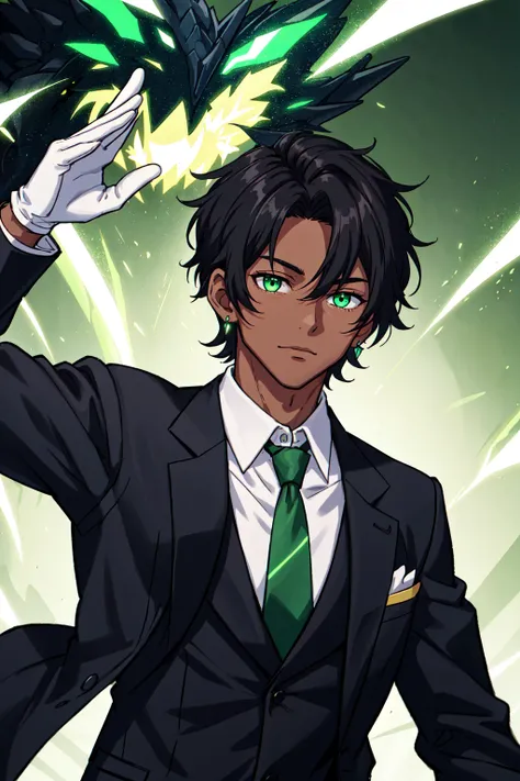 1boy, black gloves, black hair, black jacket, closed mouth, collared shirt, dark skin, dark-skinned male, dragon, earrings, formal, gloves, glowing, glowing eyes, green background, green eyes, green necktie, green theme, hand up, jacket, jewelry, long sleeves, looking at viewer, male focus, necktie, shirt, short hair, solo, suit, upper body, white shirt