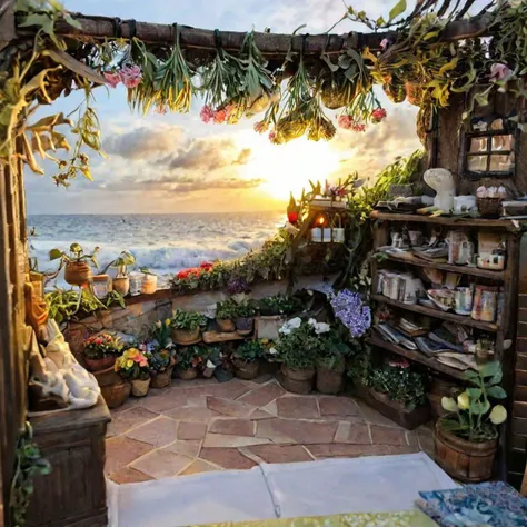 Diorama of a beach with waves crashing on it and a sunset in the background with a house whith flower garden on the hill , high quality, detailed background, 8k,35mm