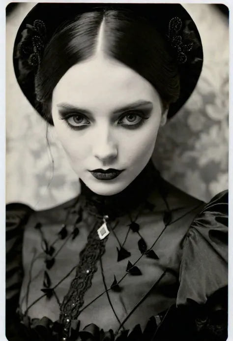 Close-up Portrait bnw photo of a cute pale goth girl wearing a (black victorian dress), diamond shaped face, (extremly detailed skin:1.3), shot on polaroid