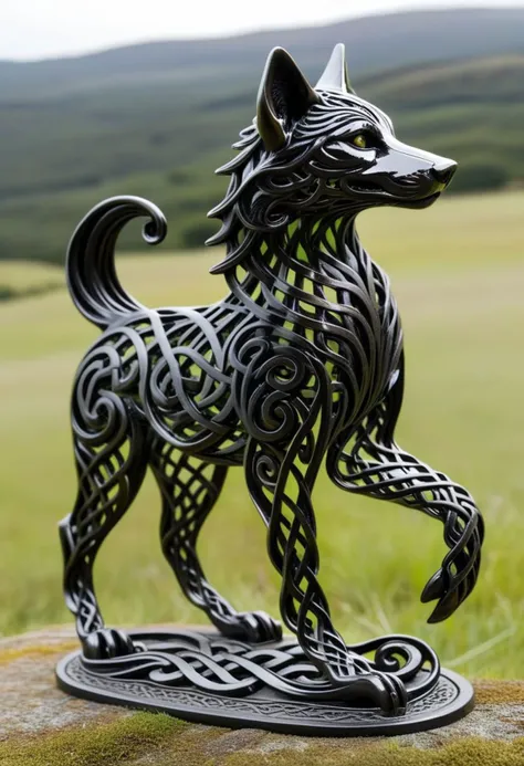 (Celtic knot:1.6), abstract filigree openwork black cast iron wolf figure with wavy metal swirl, (fully transparent:1.2), (grassland background:0.9), ral-drptpl, DonMW15pXL, bonex, linquivera