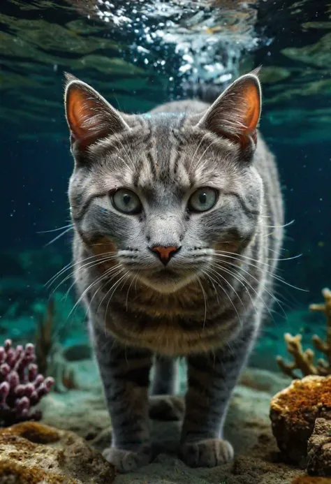 Full body Adventures underwater of a beautiful grey cat, expressive eyes, 3D efect, centered, symmetry, painted, intricate, volumetric lighting, beautiful, rich deep colors masterpiece, sharp focus, ultra detailed, in the style of dan mumford and marc simonetti, astrophotography