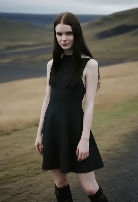 photo of an effortless beautiful 21 year Old icelandic woman, pale skin, (black metal style), jet black (ultra long hair), wearing a (short black sundress), icelandic landscape, full body portrait, shot on polaroid, dark theme