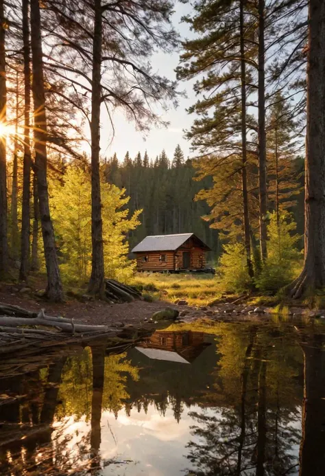 A serene and picturesque image of a lone, peaceful lake in the heart of a dense forest. The sun is setting, casting a golden hue over the calm waters that reflect the vibrant colors of the surrounding trees. In the distance, the silhouette of a rustic wooden cabin can be seen, adding a sense of solitude to the scene. The overall ambiance of the photograph is tranquil and evokes a sense of peace and rejuvenation.