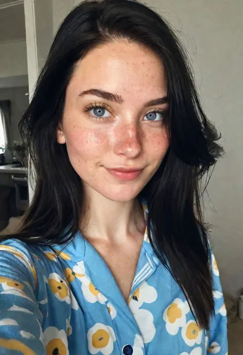 instagram selfie , a 23 year old gorgeous woman , slight smile , detailed skin face and eyes , natural lighting , at home , long hair, wearing cute pajamas , film grain, low contrast, natural face , freckles , black hair , blue eyes, dark circles under eyes