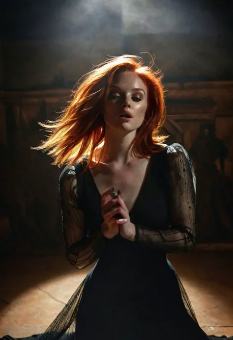a redhead as the holy grail of beauty, dramatically exaggerated pose, complex dynamically lit scene, moody vibe, dark aura <lora:Dark_Aura_XL_-_Filled_with_miasma:1>