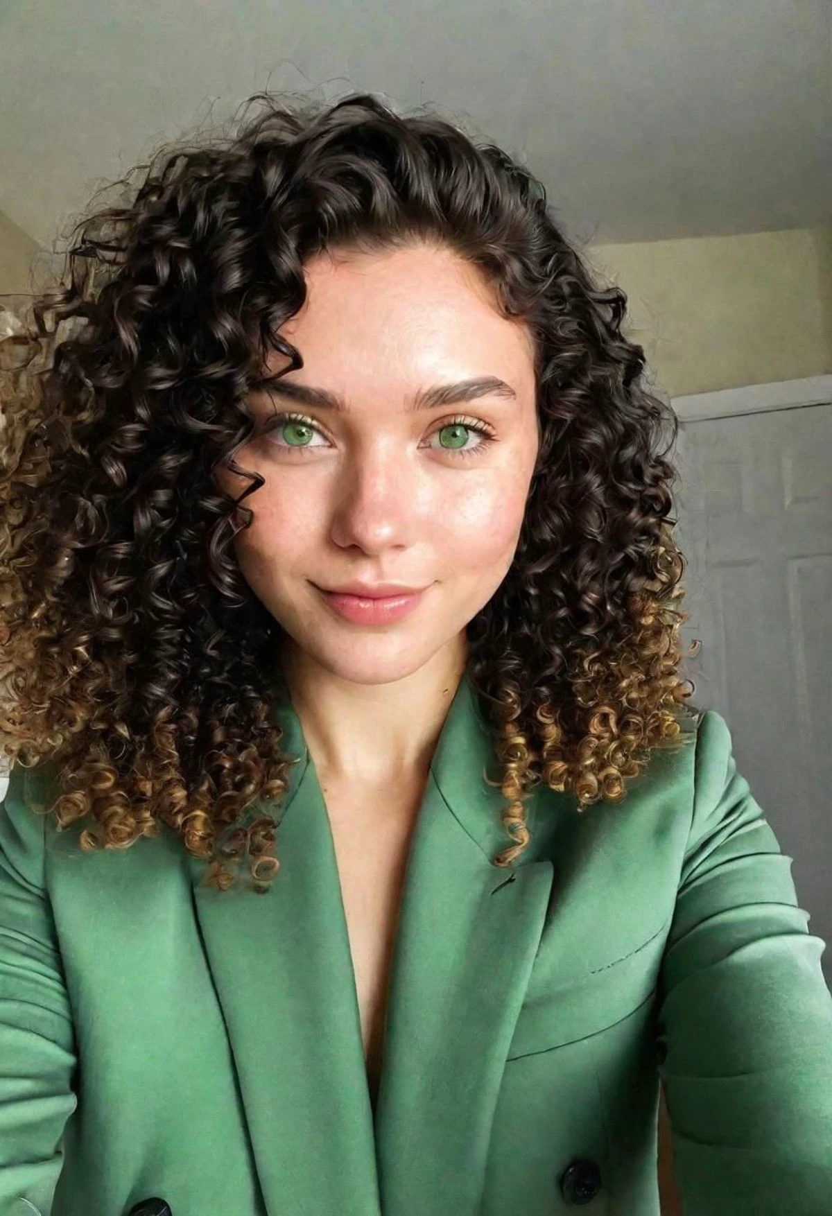 instagram selfie , a 25 year old gorgeous woman , slight smile , detailed skin face and eyes , natural lighting , at home , curly hair, wearing fit suit, film grain, low contrast, natural face , beard, black hair , green eyes