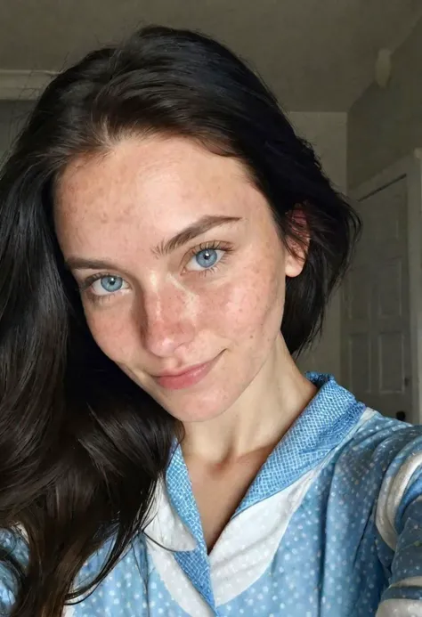 instagram selfie , a 23 year old gorgeous woman , slight smile , detailed skin face and eyes , natural lighting , at home , long hair, wearing cute pajamas , film grain, low contrast, natural face , freckles , black hair , blue eyes, dark circles under eyes