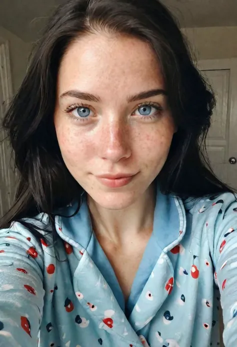 instagram selfie , a 23 year old gorgeous woman , slight smile , detailed skin face and eyes , natural lighting , at home , long hair, wearing cute pajamas , film grain, low contrast, natural face , freckles , black hair , blue eyes, dark circles under eyes