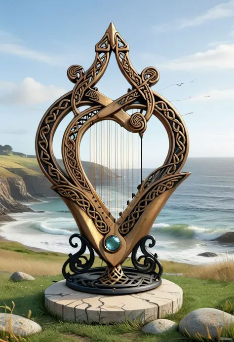 (Celtic knot:1.4), abstract filigree openwork golden iron (harp:1.5) with wavy metal, (fully transparent:1.2), stone pedestal, (sea rock grassland background:0.9), ral-drptpl, DonMW15pXL