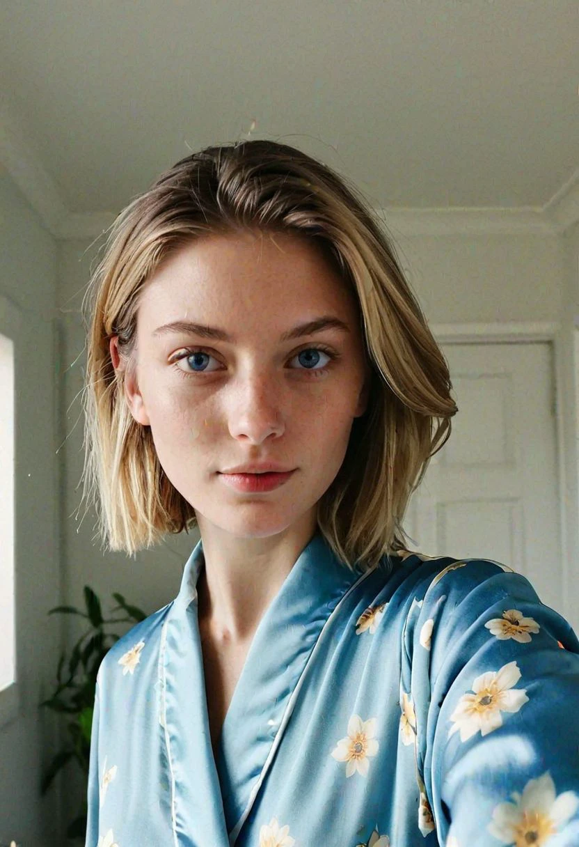 instagram selfie , a 23 year old gorgeous woman, in love with the viewer , detailed skin face and eyes , natural lighting , at home , bob hair, wearing silk pajamas , film grain, natural face, blue eyes, dark circles under eyes