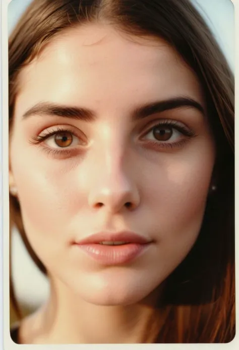 Close-up of a beautiful 27 year Old girl with (long straight hair) at sundown , diamond shaped face, snub nose, brown hair, brown eyes, hair over eyes, (extremly detailed skin:1.3) , shot on polaroid,