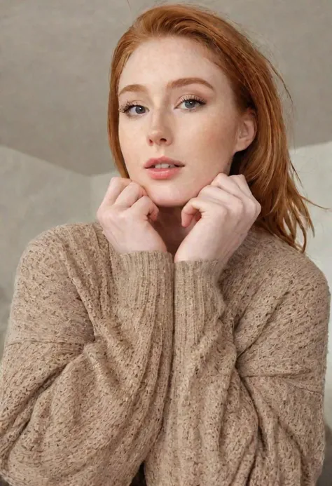 (masterpiece, best quality, highres, high resolution:1.2), 8k, ((upscaled resolution)),high resolution semi-closeup photograph of a 23 year old gorgeous woman with ginger hair, ((confident posture)), detailed skin face and eyes , wearing big comfy sweater exposing breasts and pussy, no panties, natural lighting , at home, perfect teeth, perfect eyes, perfect medium breasts, tear drop breast, perfect pale body, perfect butt, pale labia, skin tone colored labia, film grain, low contrast, ((ginger hair)), detailed face, freckles, ((smooth pussy, hairless pussy))