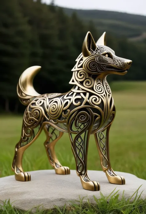 (Celtic knot:1.6), abstract filigree openwork brass wolf figure with wavy metal swirl, (fully transparent:1.2), (grassland background:0.9), ral-drptpl, DonMW15pXL, linquivera