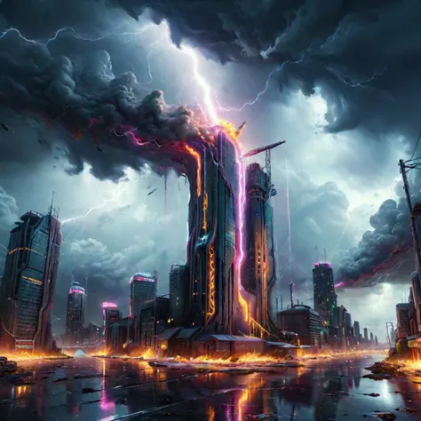 Futuristic highrise,neon lights of town below it, flash light, the fury of lightning lights up the horizon. epic composition, cinematic, landscape illustration, detailed painting, 8k post processing, unreal engine, artstation.