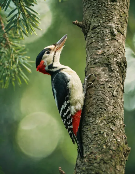 analog raw photo of a woodpecker sitting on a tree, haze lighting, 35mm, 8k, UHD, masterpiece