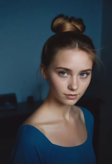 Cute swedish 18-year-old girl, brown hair in a messy bun, bright blue eyes, bnw photo, shot on polaroid, cinematic composition, cinematic lighting, dark theme