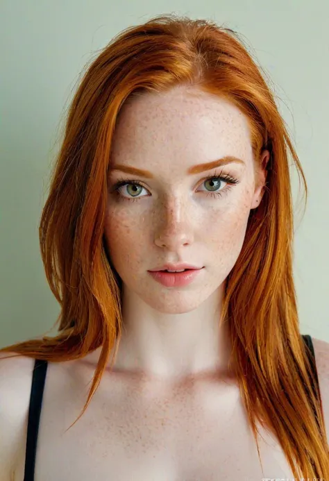 Super realistic image, high quality uhd 8K, of 1 girl, detailed realistic, redhead, long ginger hair, highly detailed realistic skin, (((face, chest and shoulder portrait))), real and vivid colors, ultrarealistic