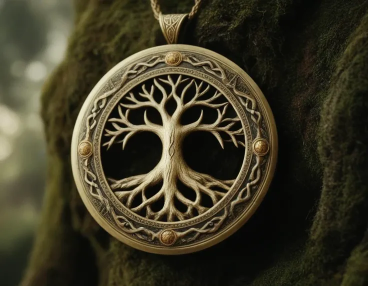 a close up shot of a Yggdrasil medallion, film still from "lord of the rings" , Jewlery photography
