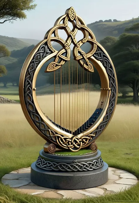 (Celtic knot:1.6), abstract filigree openwork golden iron (harp:1.4) with wavy metal, (fully transparent:1.2), stone pedestal, (grassland background:0.9), ral-drptpl, DonMW15pXL