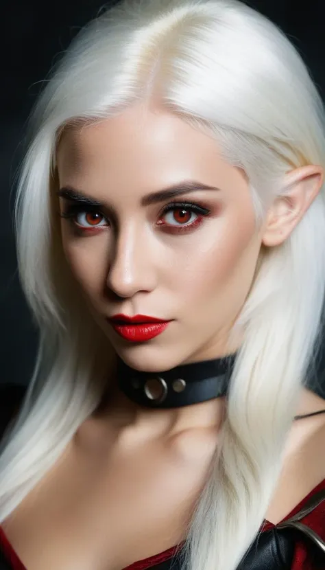 a portrait shot of a drow elf from dungeons and dragons , she has white hair and red eyes , high quality