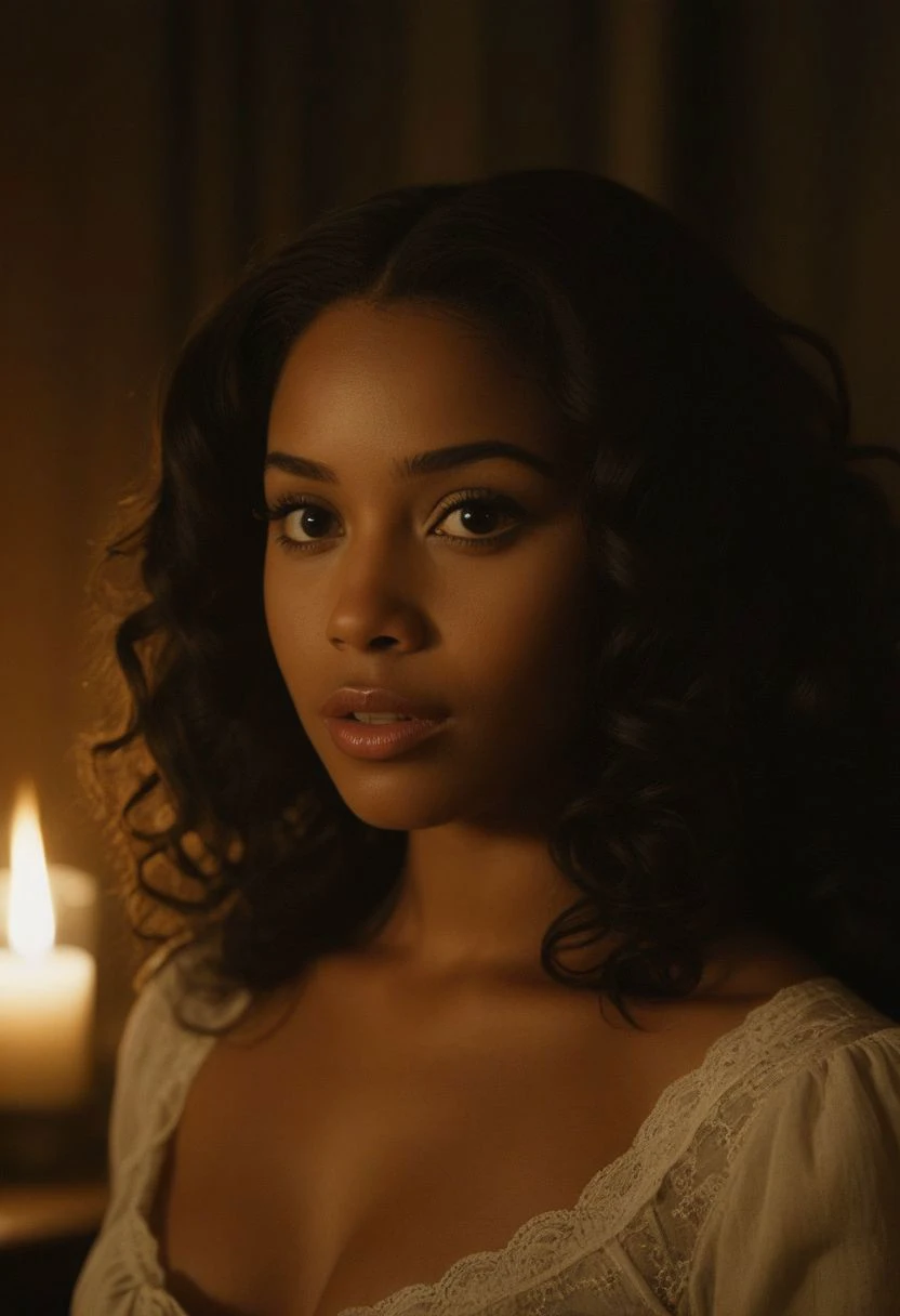 An african-american girl, with expressive brown eyes, a timelessly beautiful face, soft nipples, soft facial features, nestled on a luxurious bed, softly illuminated by the warm flicker of candlelight. a gentle storm brews outside. A crackling fire casts a comforting glow, enveloping the room in a cozy embrace. wavy hair, Regency era. mystic, ethereal, darkness, atmospheric haze, Film grain, cinematic film still, shallow depth of field, highly detailed, high budget, cinemascope, moody, epic, OverallDetail, 2000s vintage RAW photo, photorealistic, candid camera, color graded cinematic, atmospheric lighting, natural, shallow depth of field