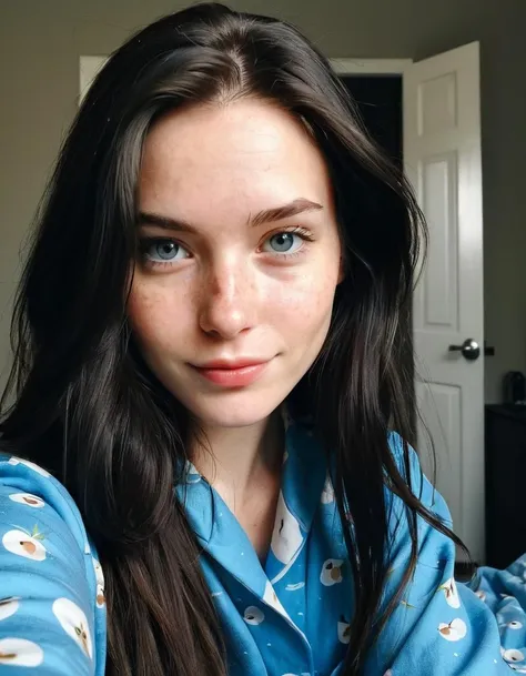 instagram selfie , a 23 year old gorgeous woman , slight smile , detailed skin face and eyes , natural lighting , at home , long hair, wearing cute pajamas , film grain, low contrast, natural face , freckles , black hair , blue eyes, dark circles under eyes 