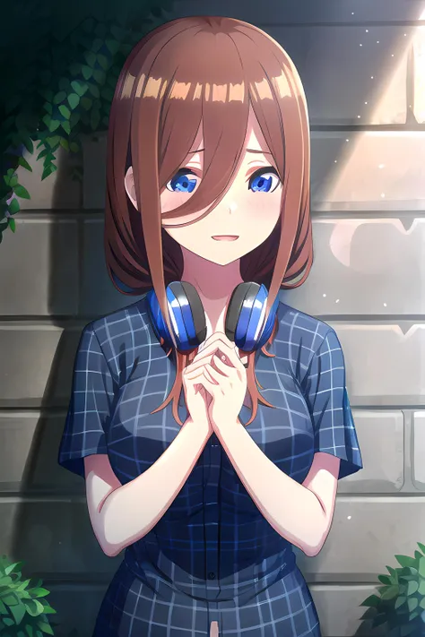 1girl, solo, long hair, breasts, blush, smile, open mouth, bangs, blue eyes, large breasts, brown hair, shirt, holding, hair between eyes, upper body, flower, short sleeves, outdoors, day, collared shirt, plaid, headphones, looking down, sunlight, blue shirt, lens flare, holding flower, headphones around neck, plaid shirt, style novel, <lora:last:0.7>, <lora:GoodHands-vanilla:1>