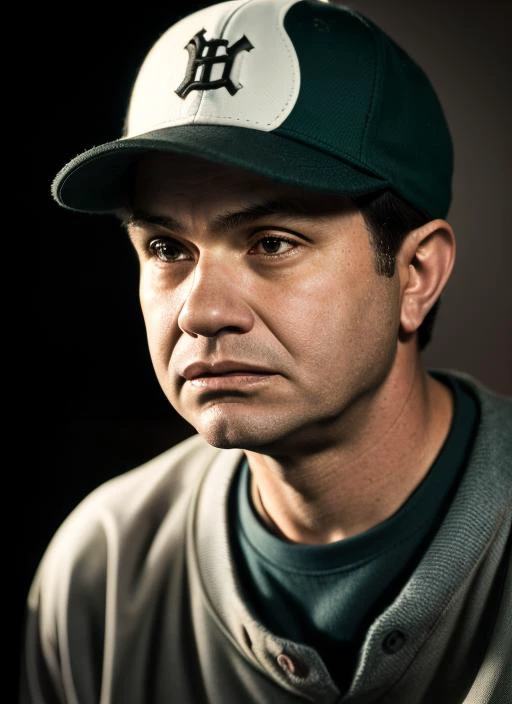 emotional full color photo of <lora:EdwardGRobinson:1> egr1 face, man wearing Baseball Bat Boy/Girl Outfit, Team Jersey, Baseball Cap, Ball Bucket, Batting Helmet 8k uhd, high quality, film grain, looking at viewer, portrait, (skin pores:1.2), (moles:0.8), (imperfect skin:1.1), intricate details, goosebumps, flawless face, ((photorealistic):1.1), (raw, 8k:1.2), hyper realistic, HDR, cinematic, dark, muted colors, atmosphere, ((macro lens)), after dusk