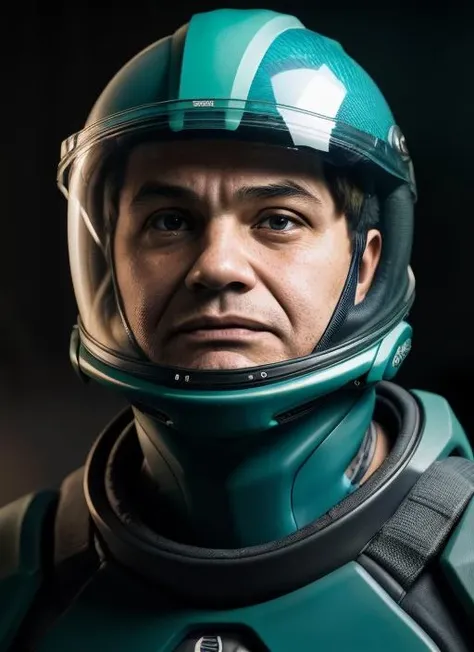 emotional full color photo of <lora:EdwardGRobinson:1> egr1 face, man Wearing an adaptive camouflage spacesuit: stealth suit, adaptive camouflage, alien environment blending., Wearing an Eco-Breather Helmet, a translucent, aqua-blue helmet with subtle, swirling patterns. 8k uhd, high quality, film grain, looking at viewer, portrait, (skin pores:1.2), (moles:0.8), (imperfect skin:1.1), intricate details, goosebumps, flawless face, ((photorealistic):1.1), (raw, 8k:1.2), hyper realistic, HDR, cinematic, dark, muted colors, atmosphere, ((macro lens)), after dusk