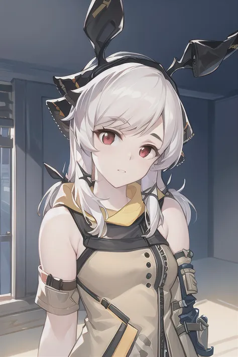 white hair, red eyes, headgear, (upper body:1.3), (RAW photo, best quality, masterpiece:1.2), (realistic, photo-realistic:1.37), (aegyo sal:1), professional lighting, photon mapping, radiosity, physically-based rendering, pureerosface_v1,