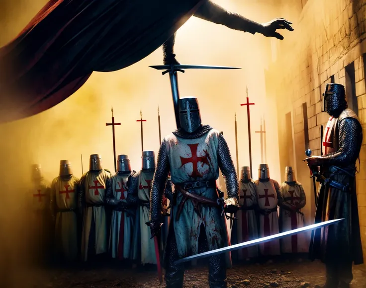 <lora:Templar-03:1> knight templar holding a long sword, epic battle, zombie horde behind:1.2, high details, caos, cinema art, in battle,