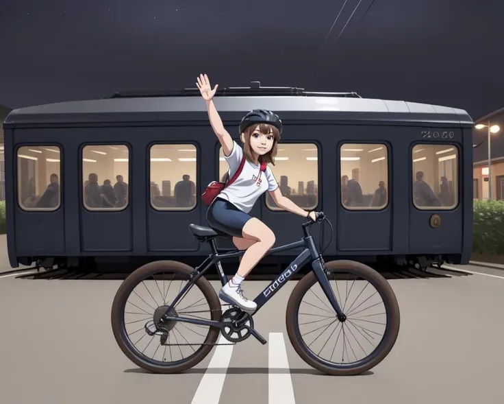 1girl, <lora:tatuno_kuchi_v3:1>, bicycle, train, (tatuno_kuchi:1.2), high five, bicycle basket, solo, motor vehicle, ground vehicle, road, parody, train station, bike shorts, building, scenery, door, photo background, real world location, bike, riding, night, arm up, waving