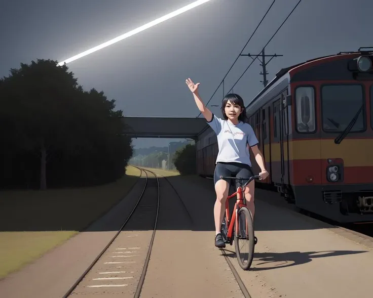 1girl, <lora:tatuno_kuchi_v3:1>, bicycle, train, (tatuno_kuchi:1.2), high five, bicycle basket, solo, motor vehicle, ground vehicle, railroad tracks, parody, train station, bike shorts, building, scenery, door, photo background, real world location, bike, riding, night, arm up, waving
