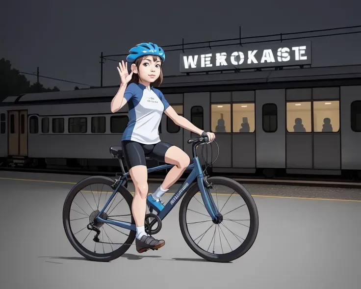 1girl, <lora:tatuno_kuchi_v3_old:1>, bicycle, train, (tatuno_kuchi:1.2), high five, bicycle basket, solo, motor vehicle, ground vehicle, road, parody, train station, bike shorts, building, scenery, door, photo background, real world location, bike, riding, night, arm up, waving