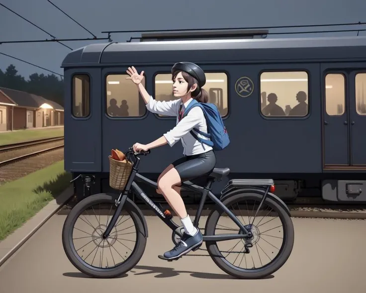 1girl, <lora:tatuno_kuchi_v3:1>, bicycle, train, (tatuno_kuchi:1.2), high five, bicycle basket, solo, motor vehicle, ground vehicle, railroad tracks, parody, train station, bike shorts, building, scenery, door, photo background, real world location, bike, riding, night, arm up, waving