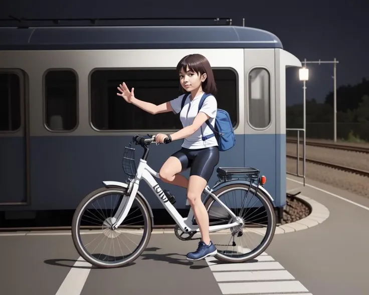 1girl, <lora:tatuno_kuchi_v3:1>, bicycle, train, (tatuno_kuchi:1.2), high five, bicycle basket, solo, motor vehicle, ground vehicle, road, parody, train station, bike shorts, building, scenery, door, photo background, real world location, bike, riding, night, arm up, waving
