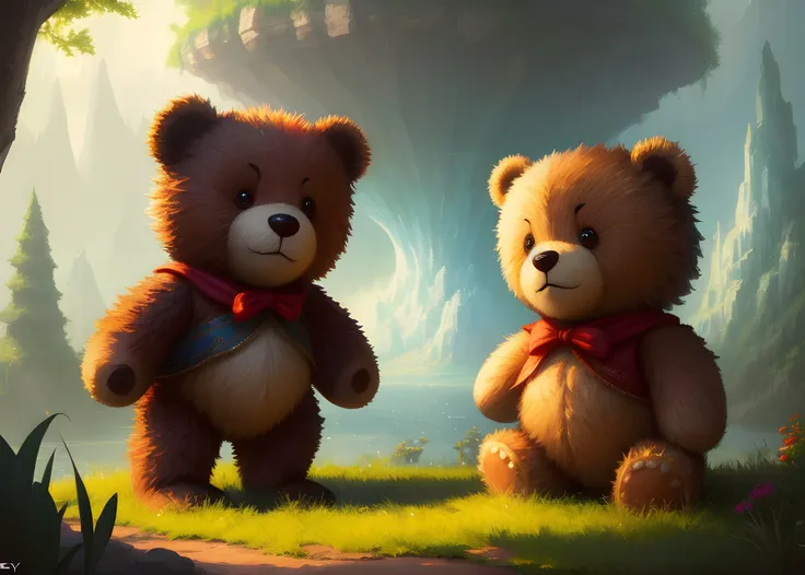 masterpiece of a Teddy bear on an adventure, Joy, A game, Paints, Fantasy, Cute, Childhood, Entertainment, Adventure, Smile, symmetrical, highly detailed, digital painting, artstation, concept art, smooth, sharp focus, illustration, volumetric lighting, epic Composition, 8k, oil painting, cgsociety
