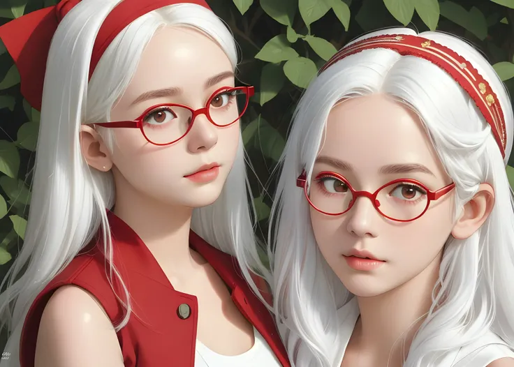 masterpiece, best quality, ultra-detailed, solo, 1girl, portrait, realistic, real, 4k, 1girl, purah, white hair, red headband, hair ornament, detailed face, hair sticks, realistic, small lips, button nose, soft face, round face, brown red eyes, red glasses, white jacket, sleeveless white shirt, cleavage, lightly blurry, film portrait photography, 35mm film, filmg