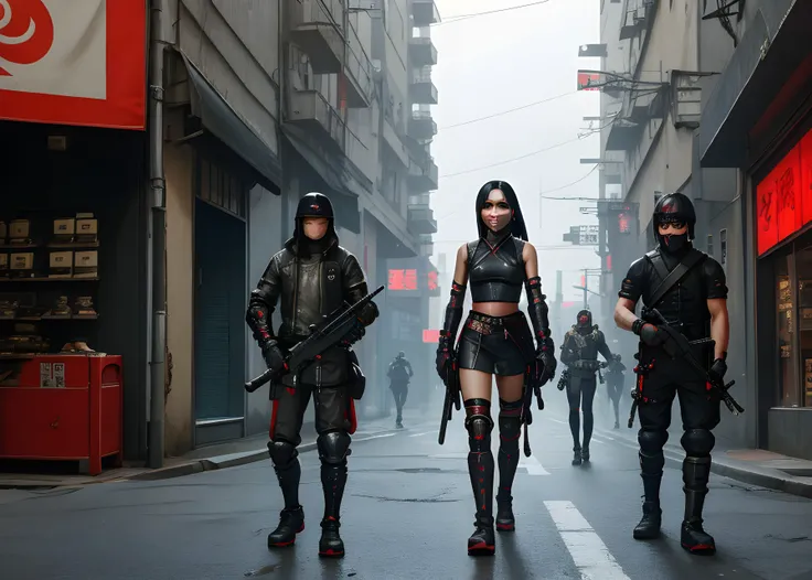 cyberpunk street scene with three armed street samurais, italian girl in respirator holding bloodied katana, european boy holding uzi gun, bloodstained south african girl holding wakazashi,