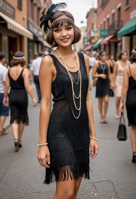 masterpiece, reality, 4k, (medium full shot) of (dazzling flapper) young woman, mexican, tan skin, brown eyes, normal build, extra long dark bangs hair, wearing a black shift dress with beaded details, kitten heels, smokey eye makeup, feathered headband,  set in  an energetic 1920s street, offering period details, lively crowds, stylish storefronts, a vibrant ambiance, woman smiling