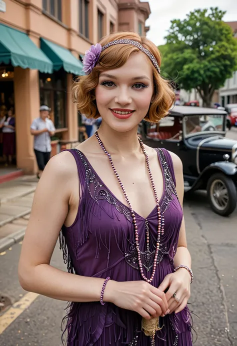 (medium full shot) of (elegant flapper) young woman, thai, fair skin, light brown eyes, slender build, long ginger retro hair, wearing a purple tea-length flapper dress with beaded accents, mary jane shoes, eyeliner, feather boa,  set in  a charming 1920s street, with historic buildings, vintage cars, stylish pedestrians, a lively jazz band, woman smiling, ,Masterpiece,best quality, photo, realistic, very aesthetic, detailed face,