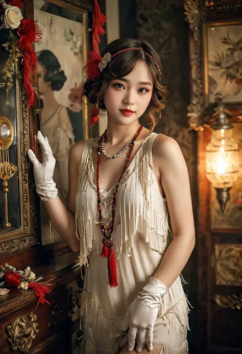 (medium full shot) of (elegant flapper) young woman, korean, light skin, light brown eyes, Medium build, extra long red double braids hair, wearing a white knee-length flapper dress with beaded accents, mary jane shoes, smokey eye makeup, long satin gloves,  set in  a trendy Gatsby party, with modern takes on 1920s fashion, eclectic decor, vibrant lighting, a lively atmosphere, during a lively night, woman smiling, ,Masterpiece,best quality, photo, realistic, very aesthetic, detailed face,