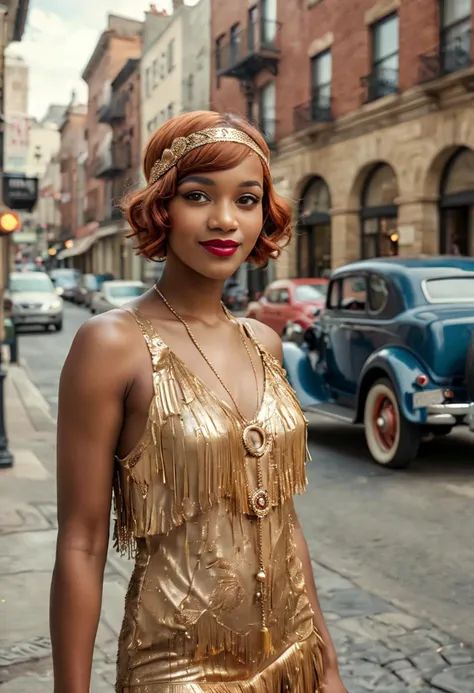 (medium full shot) of (chic flapper) young woman, south african, dark skin, light brown eyes, petite build, medium red  hair, wearing a gold fringe flapper dress, satin pumps with buckles, dark pink lipstick, sequined headband,  set in  a charming 1920s street, with historic buildings, vintage cars, stylish pedestrians, a lively jazz band, woman smiling, ,Masterpiece,best quality, photo, realistic, very aesthetic, detailed face,