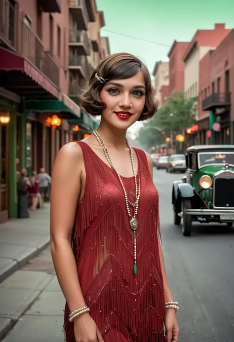 (medium full shot) of (glamorous flapper) young woman, mexican, tan skin, light green eyes, willowy build, medium brown side-swept hair, wearing a red shift dress with beaded details, mary jane shoes, smokey eye makeup, pearl bracelet,  set in  a lively 1920s street scene, featuring period architecture, classic automobiles, stylish pedestrians, a vibrant atmosphere , during a lively night, woman smiling, ,Masterpiece,best quality, raw photo, realistic, very aesthetic, dark