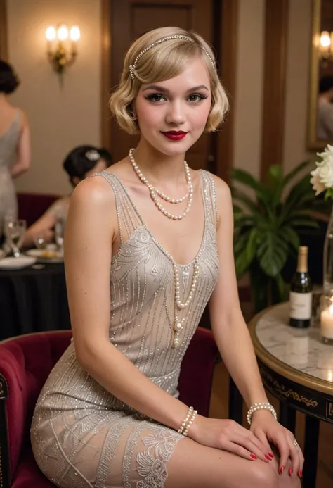 masterpiece, reality, 4k, (medium full shot) of (fashionable flapper) young woman, thai, light skin, hazel eyes, petite build, short blonde french braid hair, wearing a silver midi flapper dress with lace accents, kitten heels, eyeliner, pearl bracelet,  set in  a sophisticated Gatsby party, offering luxurious decor, elegant seating, live music, a refined ambiance, woman smiling