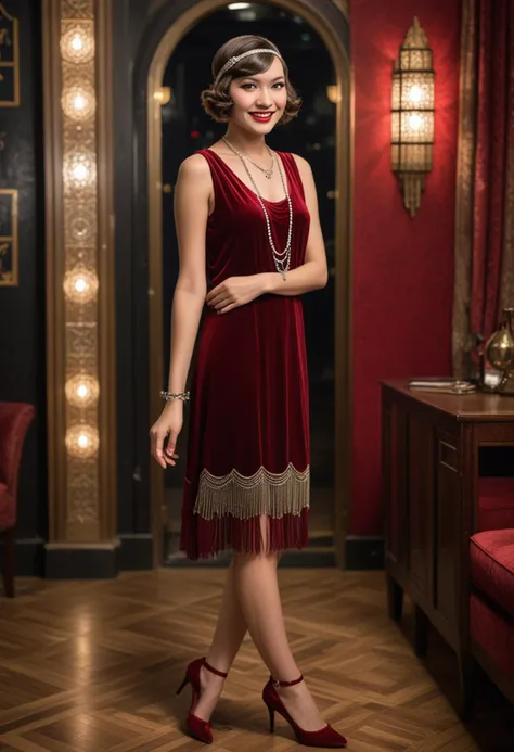 (medium full shot) of (glamorous flapper) young woman, philippine, fair skin, hazel eyes, petite build, extra long hazel wavy down hair, wearing a red velvet dress with geometric patterns, leather pumps with buckles, eyeliner, sequined headband,  set in  , during a lively night, woman smiling, Masterpiece,best quality, photo, realistic, very aesthetic, detailed face,