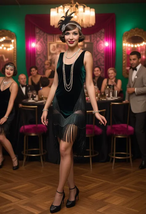 (medium full shot) of (fashionable flapper) young woman, mexican, mocha skin, green eyes, tiny build, medium hazel layered cut hair, wearing a black velvet dress with geometric patterns, satin pumps with straps, dark pink lipstick, feather boa,  set in  a vibrant Gatsby party, with colorful lighting, energetic dancers, stylish furniture, a lively jazz band, woman smiling, Masterpiece,best quality, photo, realistic, very aesthetic, detailed face,